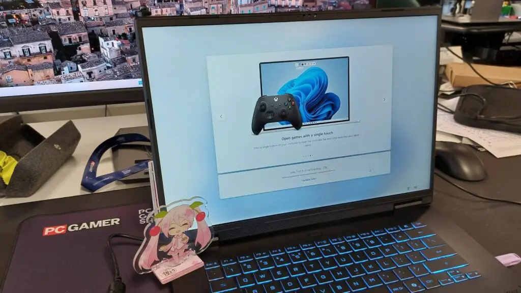 The Gigabyte Aero X16 gaming laptop seen during first-time setup for Windows 11. User's now have the option to carry out updates later.