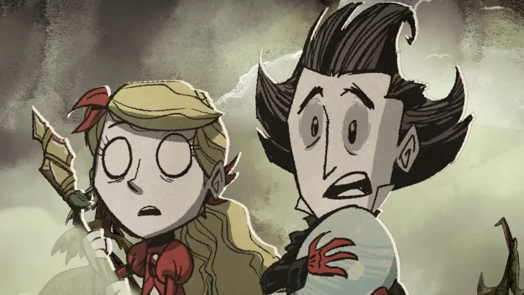 Wendy and Wilson running with a spider egg in Don't Starve Elsewhere