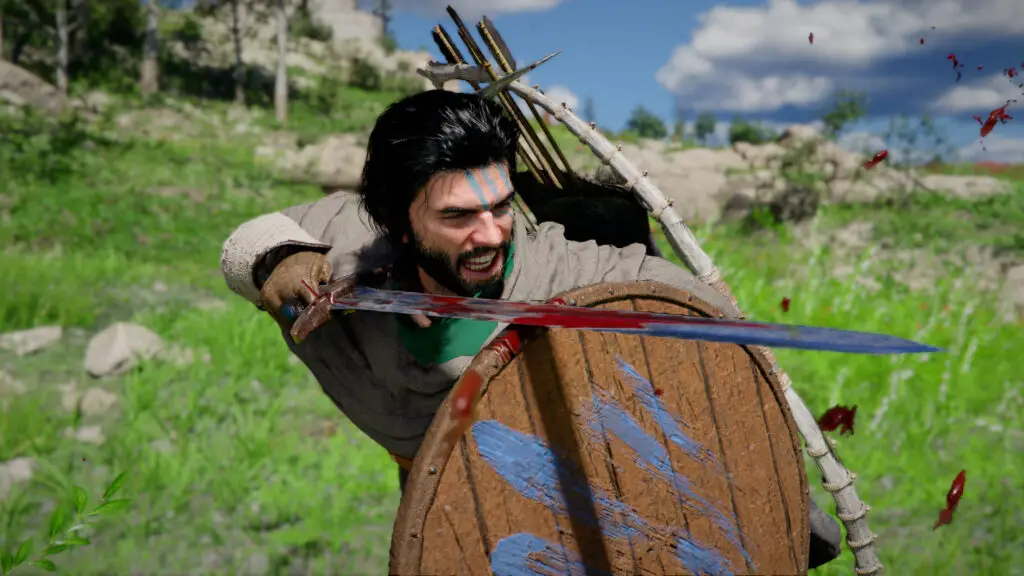 Crimson Desert combat mechanics showing Kliff with sword and shield