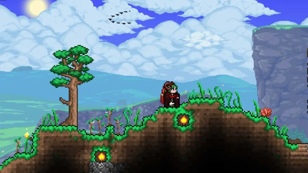 A screenshot showing the specific tall grass required to find Lucky Clovers in Terraria