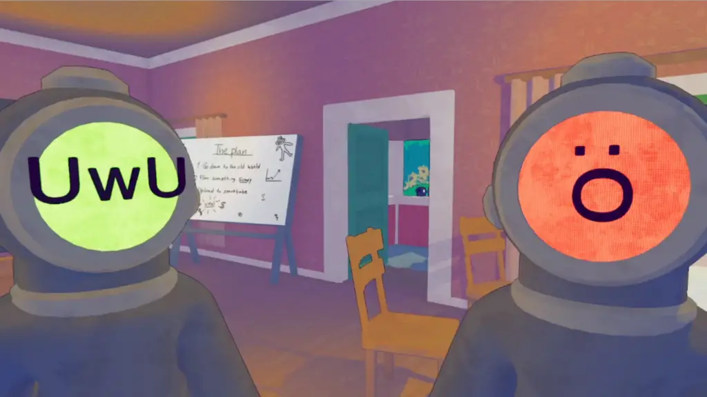 Two character standing in a house and looking at a camera