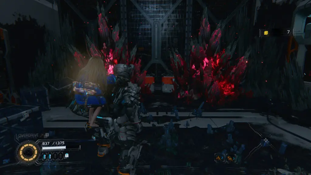 Pragmata red crystals: A player looking at two red crystals blocking two Safe Boxes.