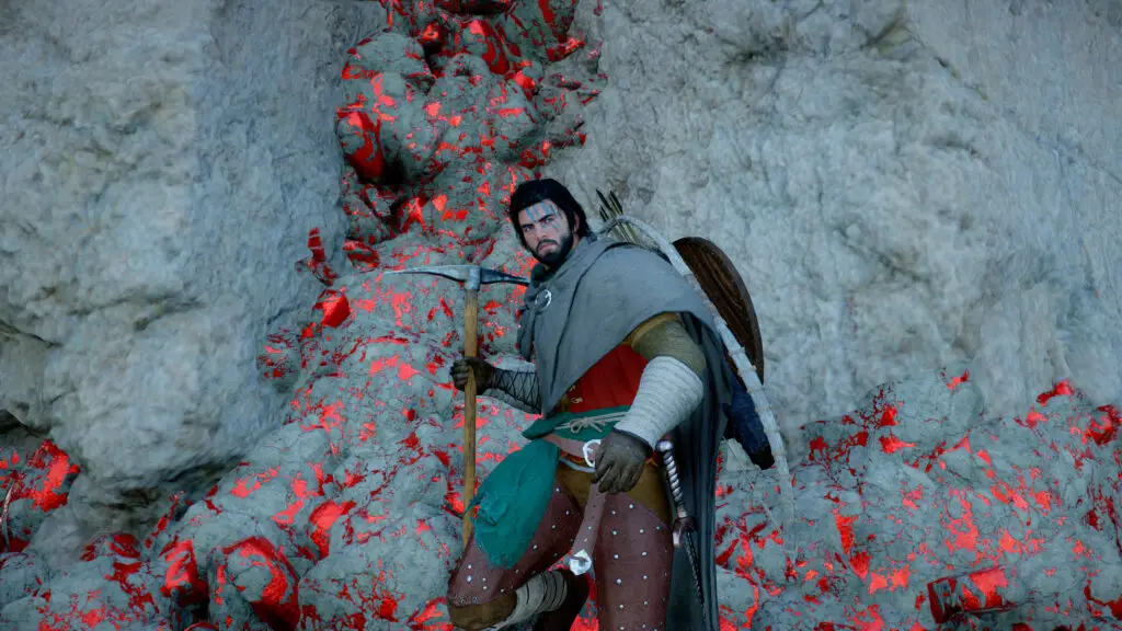 Crimson Desert Bloodstone: Kliff standing head-on next to a Bloodstone ore deposit in a cliff, holding a pickaxe.