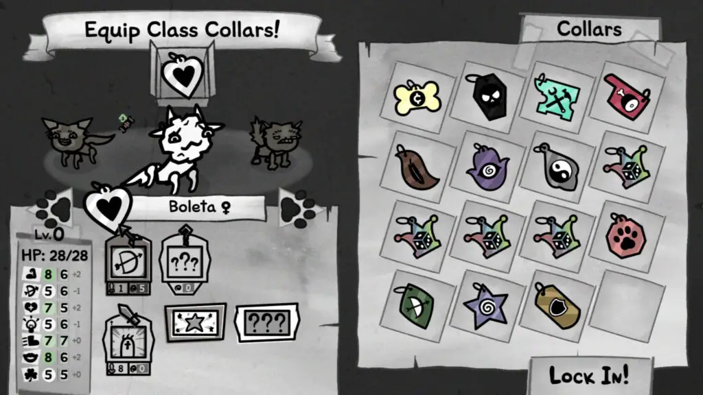 Mewgenics classes: The Cleric class in the collar selection menu, showing the impact of the collar on the stats of the cat.