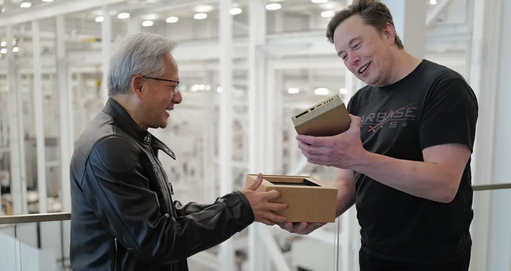 Nvidia CEO Jensen Huang and Elon Musk at a SpaceX facility.