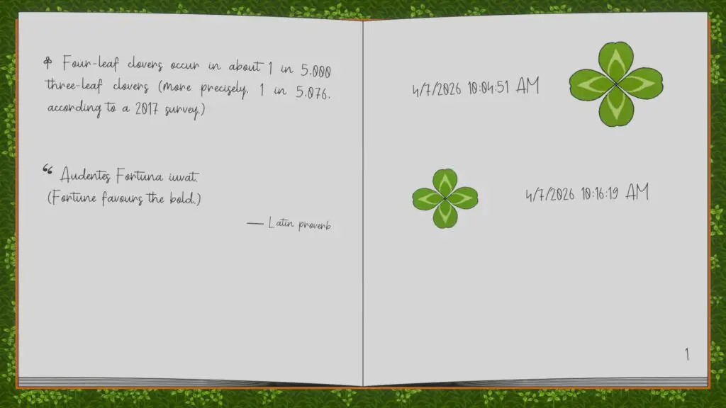 One In A Thousand: Clover Book - An in-game journal logging four-leaf clovers and dates.