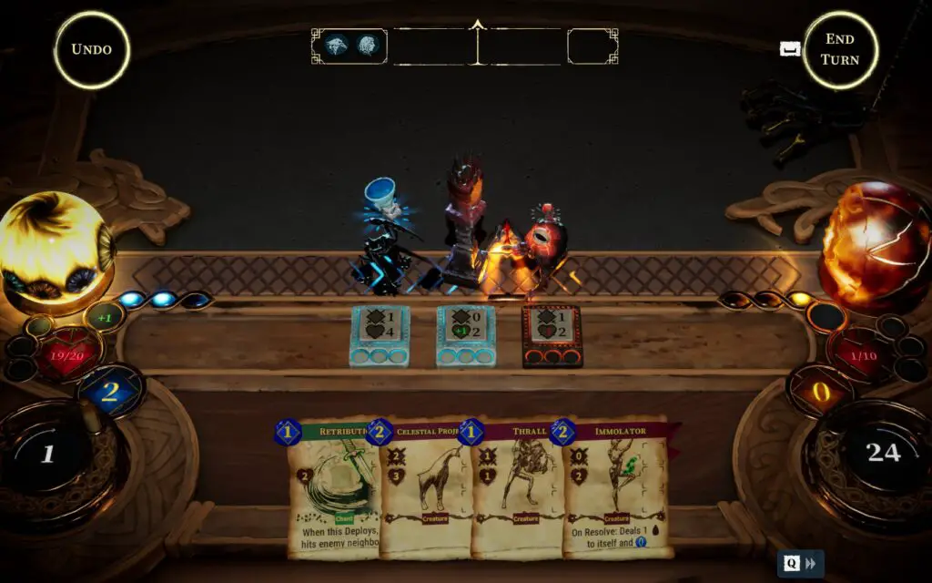 A hand of cards and a row of playing pieces