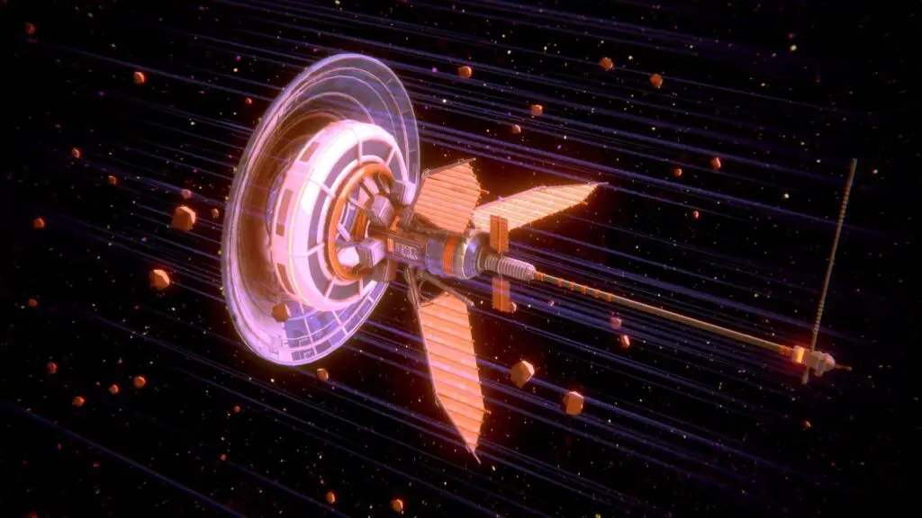 A brightly-lit spaceship speeds through an asteroid field.