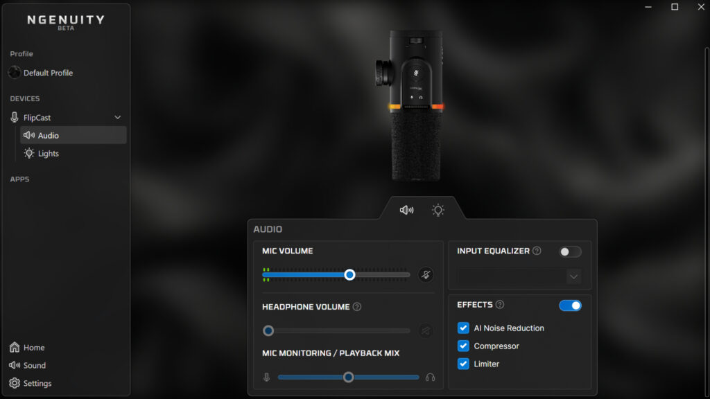 A screenshot of the audio software for the HyperX FlipCast in HyperX Ngenuity