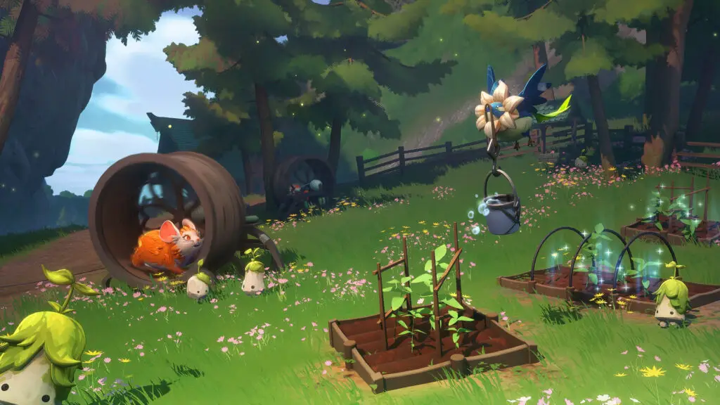 A collection of familiars helping to tend a farm in Witchspire.