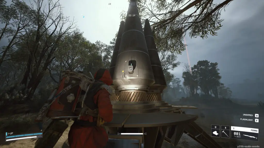 Arc Raiders Arc Flex Rubber: A player looking at an Assessor drop pod in the swamps of Dam Battlegrounds, about to loot it.