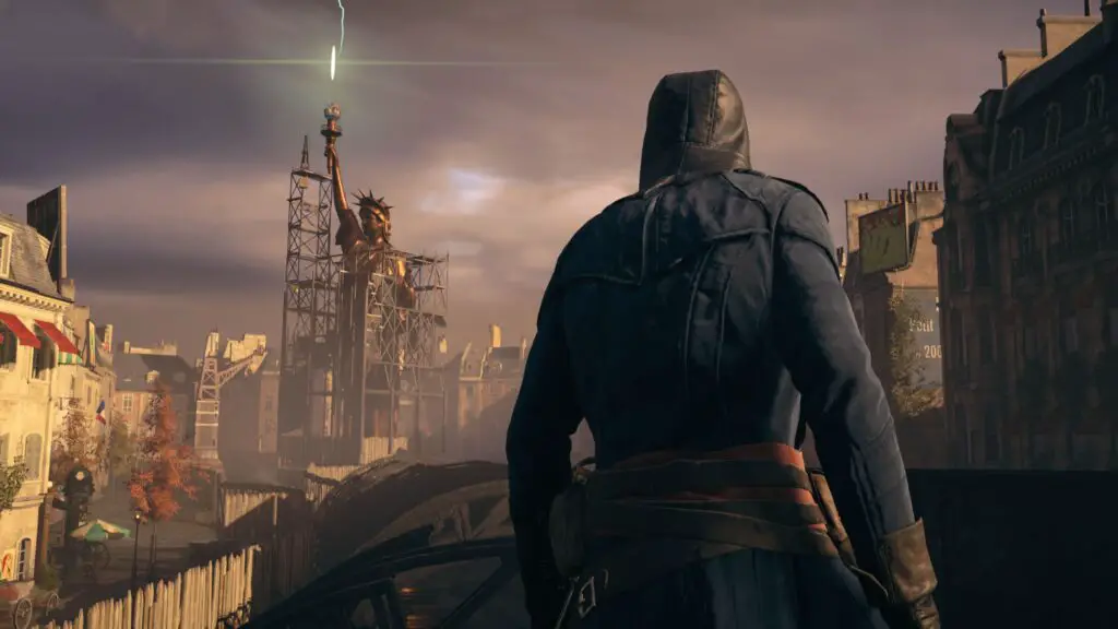 A hooded assassin looks at the Statue of Liberty during a rift mission