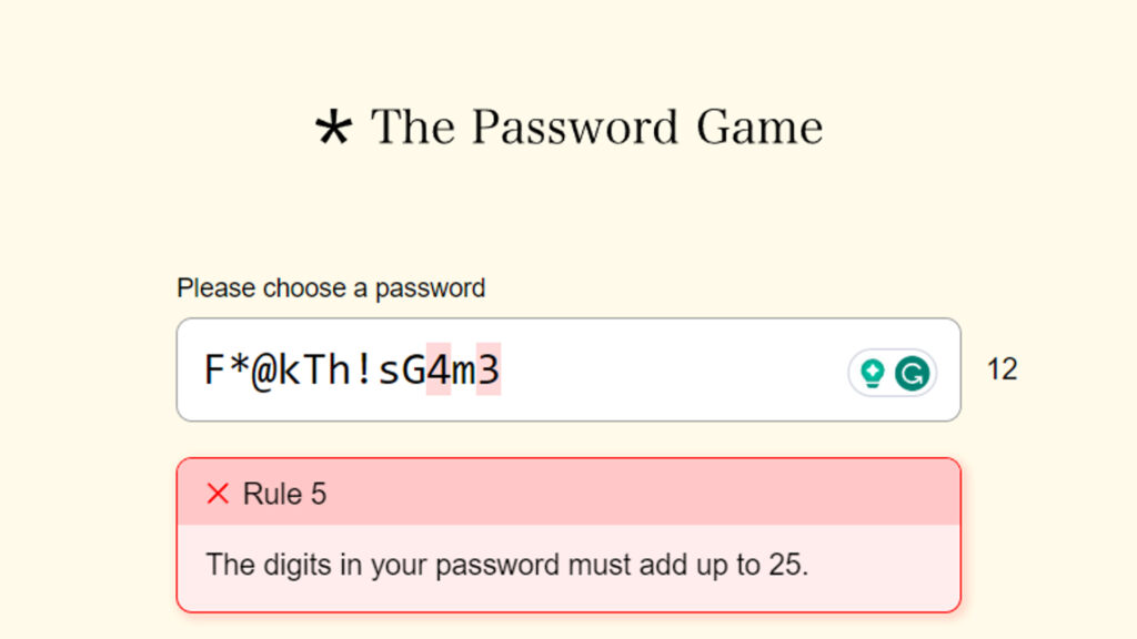 A screenshot of The Password Game and Rule 5 which reads: The digits in your password must add up to 25.