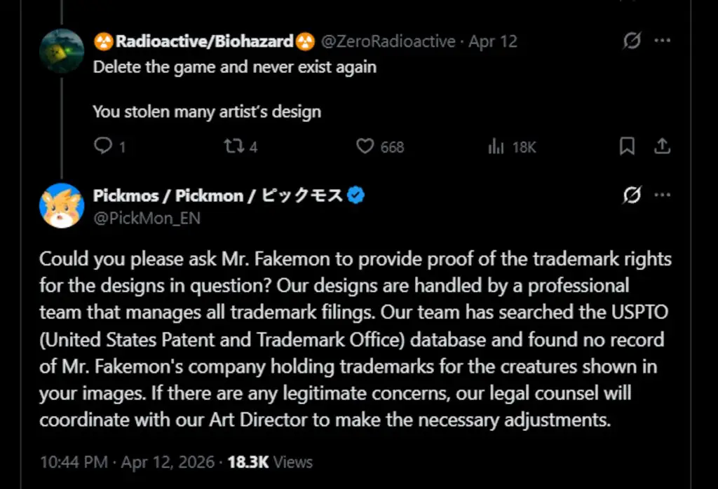 Social media response from the developer regarding trademark rights and 'Mr. Fakemon'.