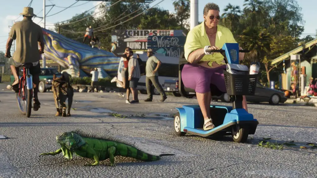 An iguana crossing a street in Vice City