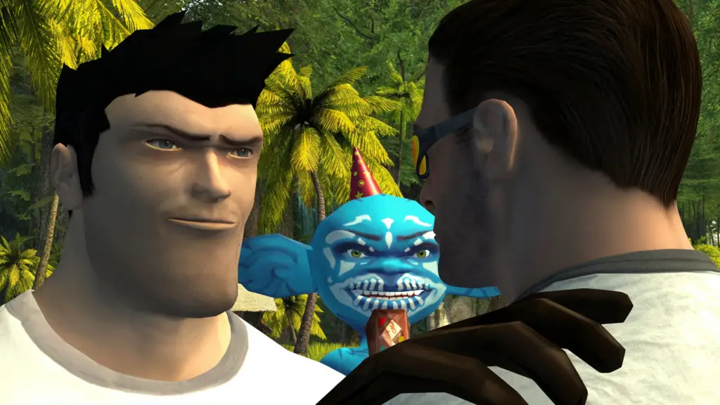 Serious Sam replicates the 'Big-chinned guy with hand on another guy's shoulder' meme.