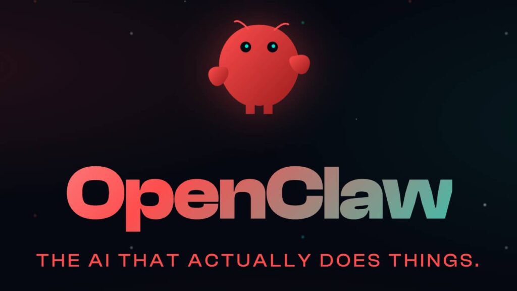 The OpenClaw logo, with its name and a catchphrase 'the AI that actually does things.'