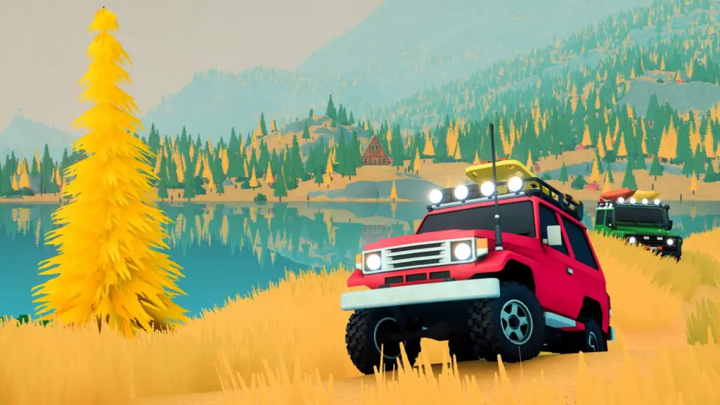 Over the Hill: A red jeep followed by a green jeep driving off-road in vibrant yellow hills surrounding a lake.