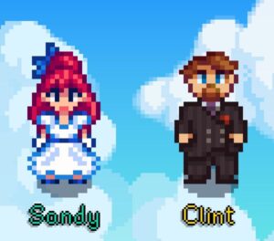 Sandy and Clint in their wedding attire as new marriage candidates in Stardew Valley 1.7