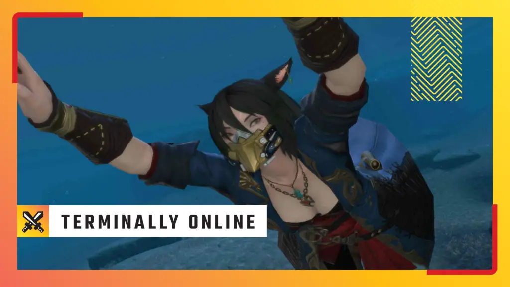 A miqo'te in Final Fantasy 14 swimming, prepared for a match.