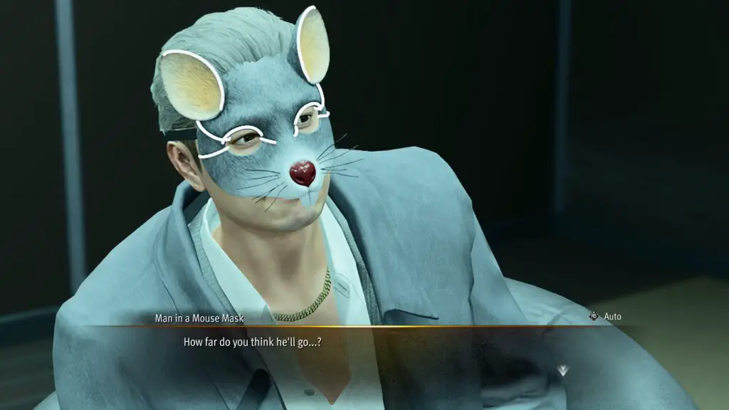 A man wearing a rat mask in Yakuza Kiwami 3.