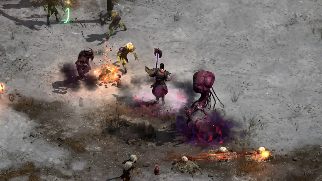 A screenshot of the warlock in Diablo 2: Reign of the Warlock. A purple-tinged character holds up an axe and is surrounded by demons.