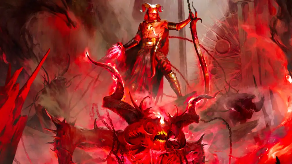 Key art of the new Diablo 4 Warlock class featuring demonic armor and chains.