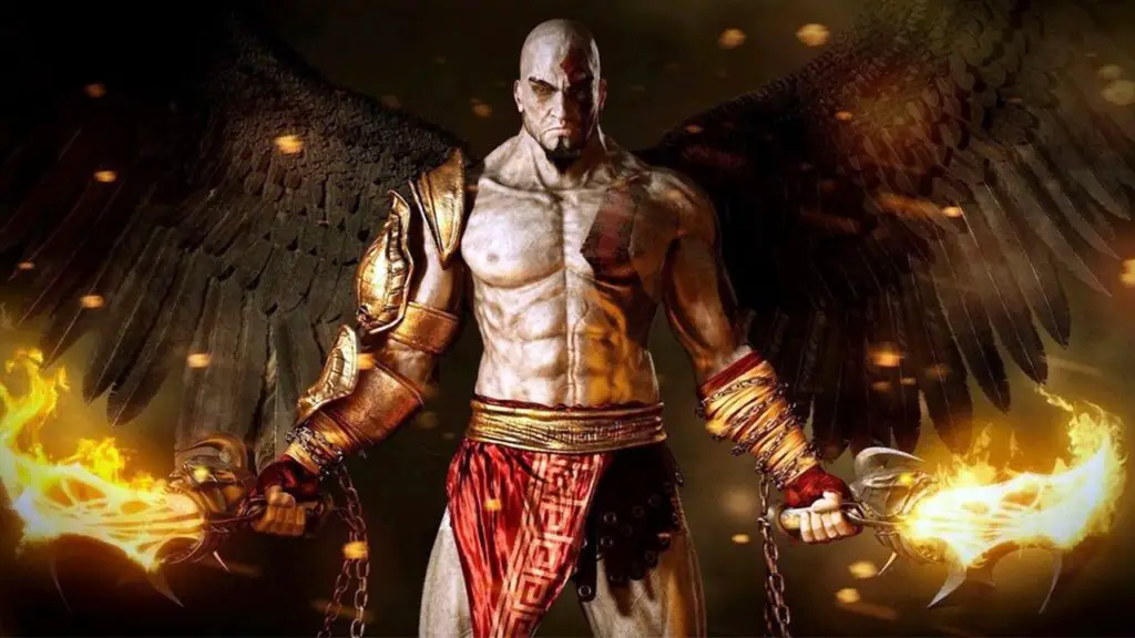 Kratos from God of War 3 wielding two fiery blades