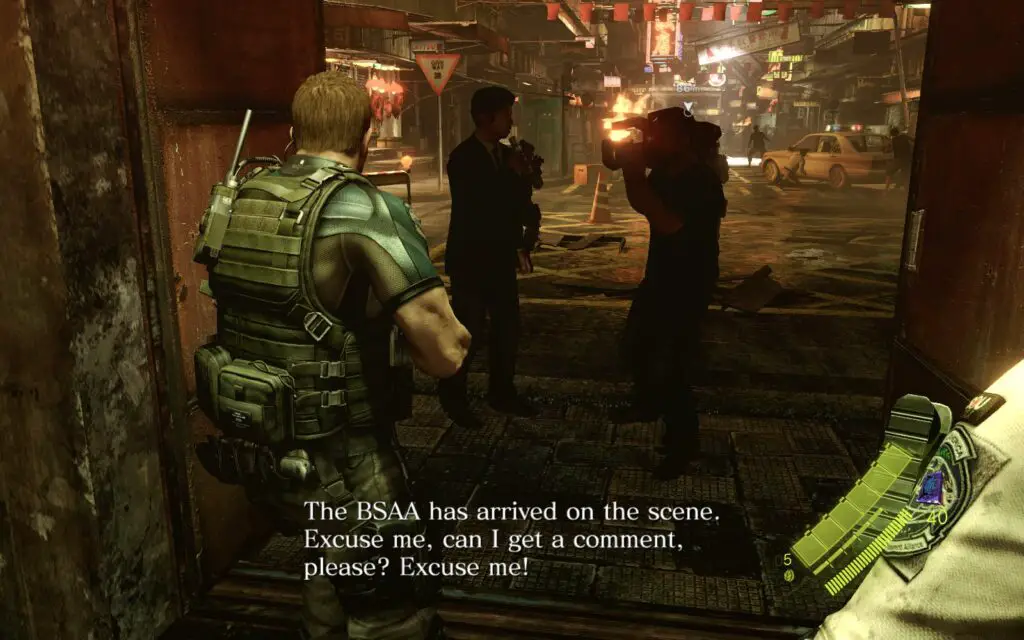 Chris walking past a news crew in Resident Evil 6.