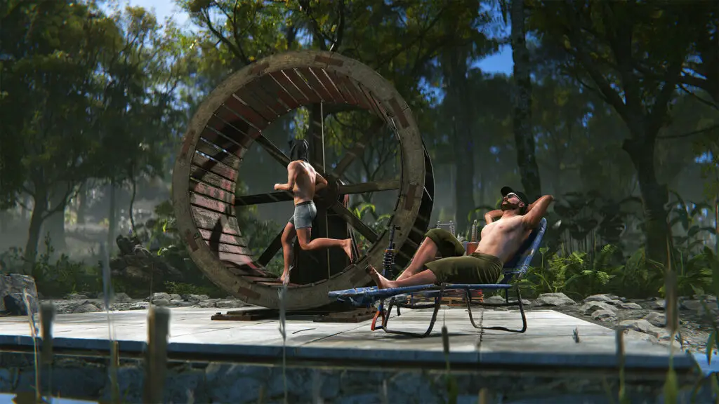 A player reclining while another player runs in a giant hamster wheel in Rust.