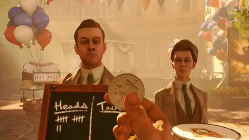 A coin toss in BioShock Infinite representing quantum mechanics