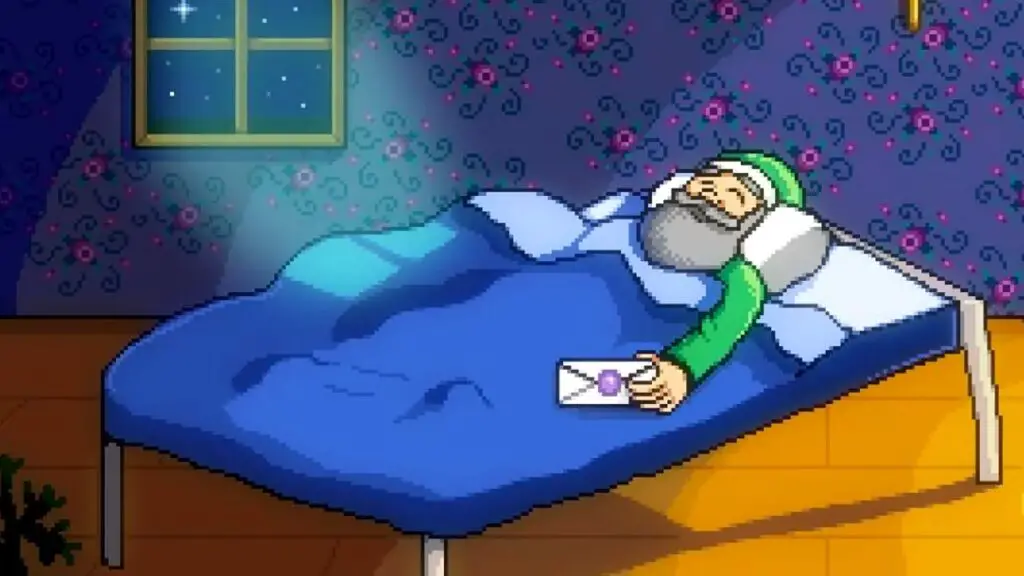 Stardew Valley Grandpa lying in bed holding letter from the intro of the game