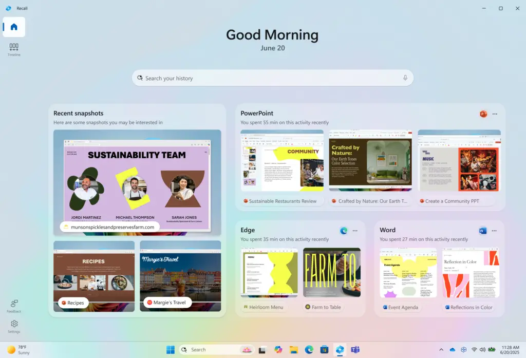 The Windows 11 Recall timeline interface and user activity tracking.