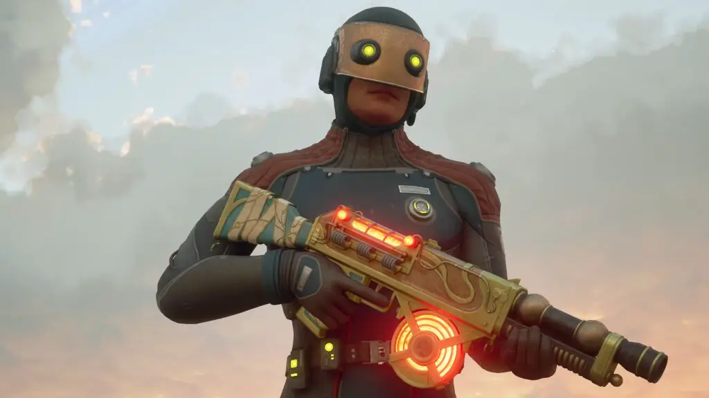 A sci-fi character in armor exploring a vibrant alien world