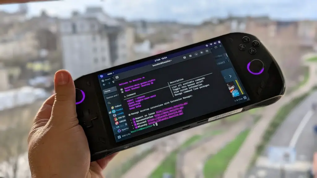 A handheld gaming device running the Bazzite Linux distribution