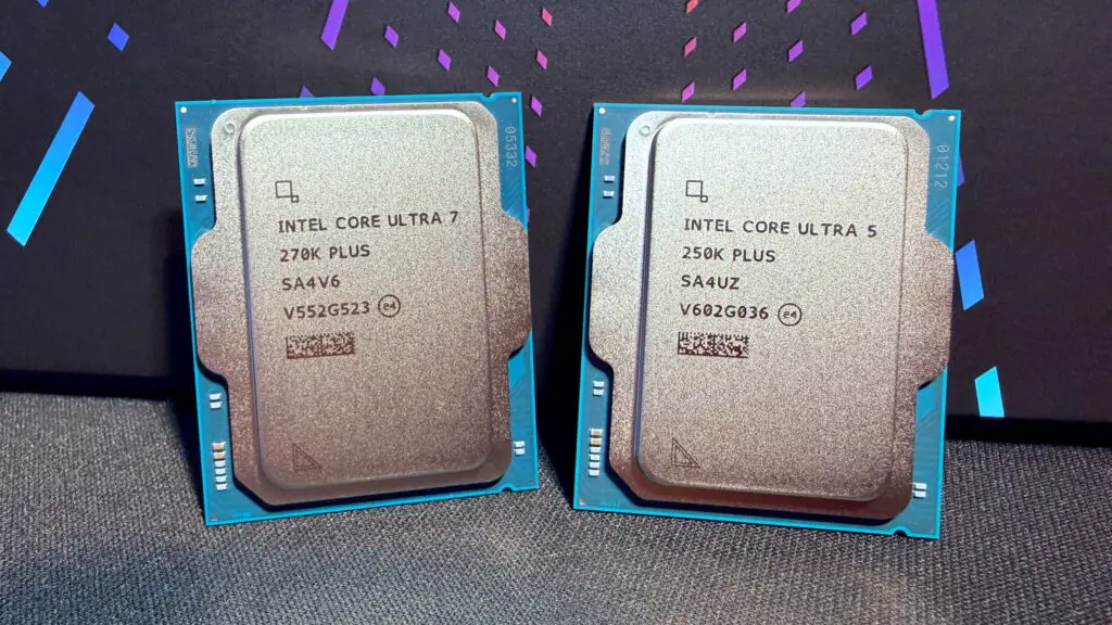A photograph of Intel's Arrow Lake Refresh processors: Core Ultra 7 250K Plus and Core Ultra 5 250K Plus