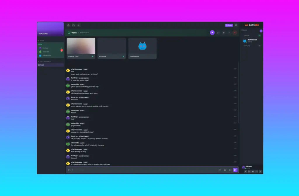 GameVox interface showing a chat window and video call attempt.