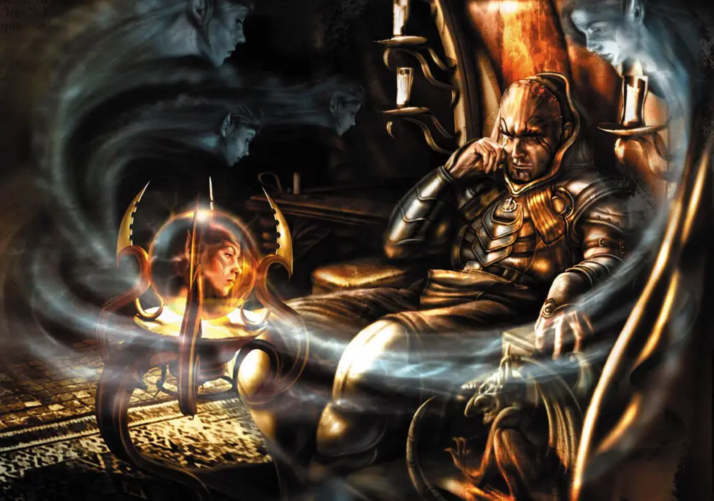Jon Irenicus, the antagonist of Baldur's Gate II, seated on a throne.