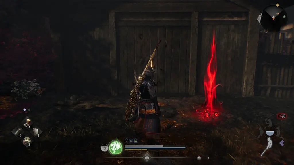 A player encountering a Nurikabe wall Yokai in Nioh 3.