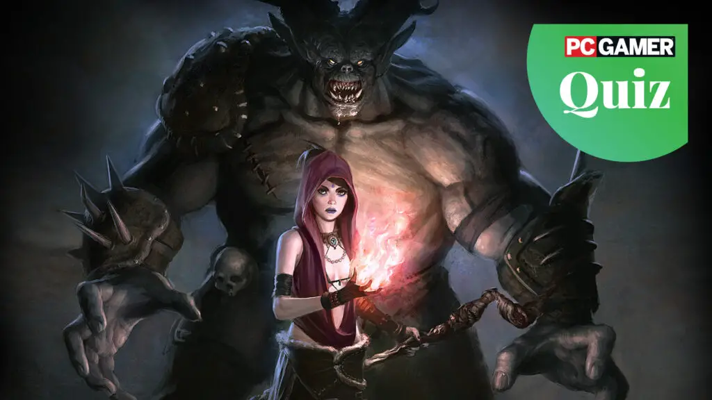 Morrigan standing in front of an ogre in Dragon Age: Origins.