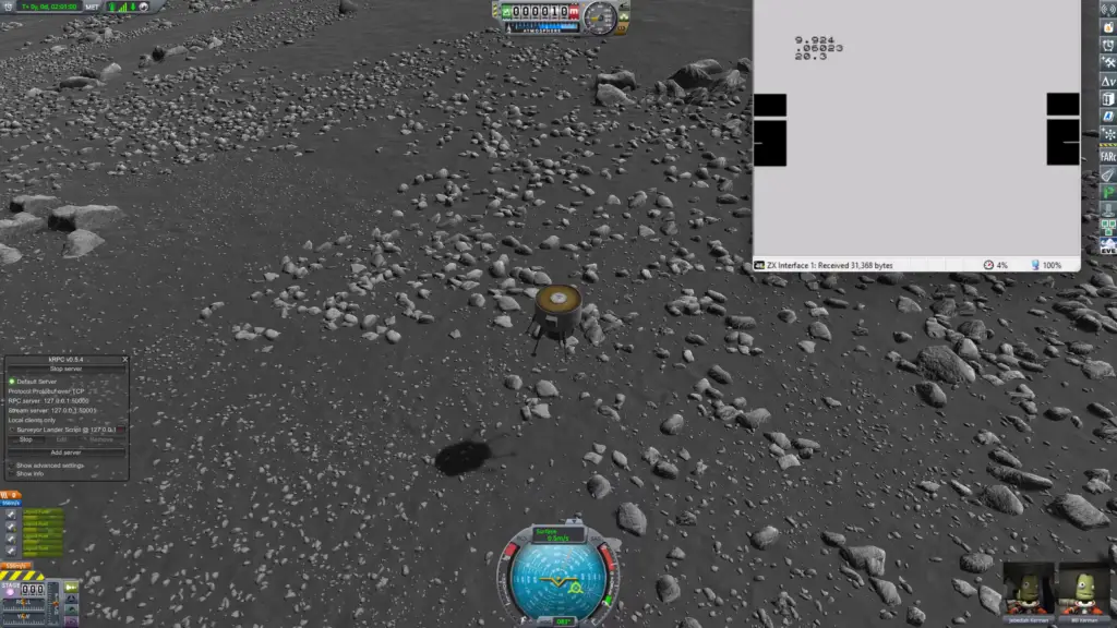 A screenshot from Kerbal Space Program, showing a lunar lander being piloted by a ZX Spectrum running Sinclair BASIC