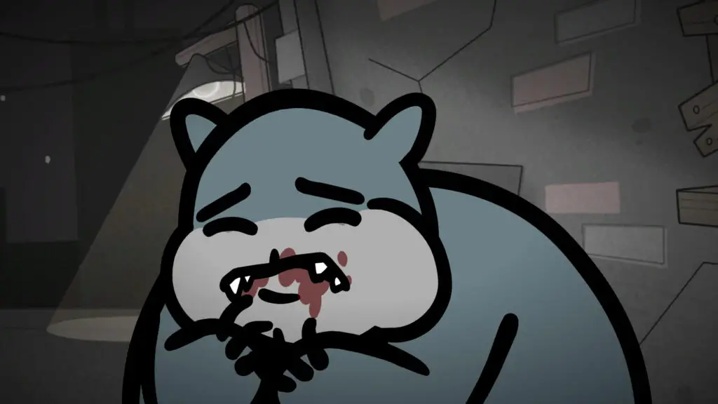 Mewgenics Guillotina: A close-up of Guillotina with her paws to her mouth after eating a kitten.