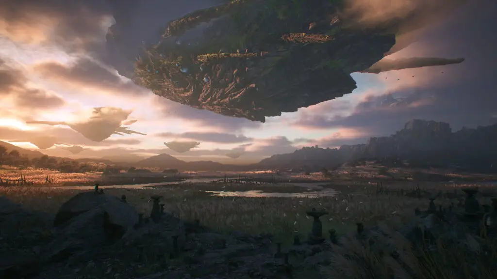 Sky rays, massive flying creatures, soaring over a marshland.
