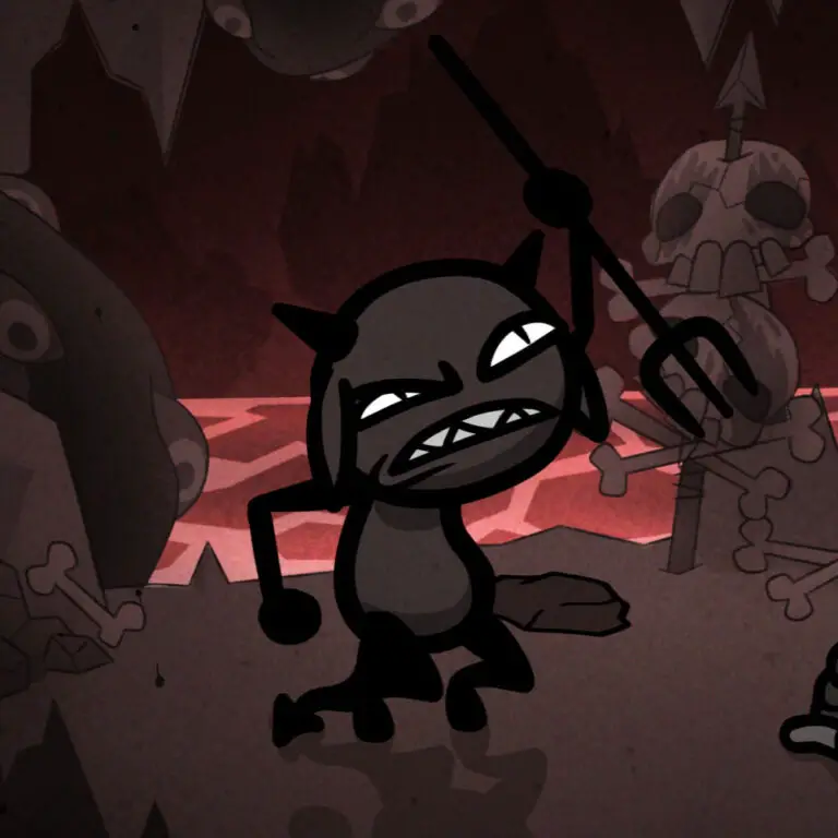 Mewgenics cat holding a trident and angrily gesturing