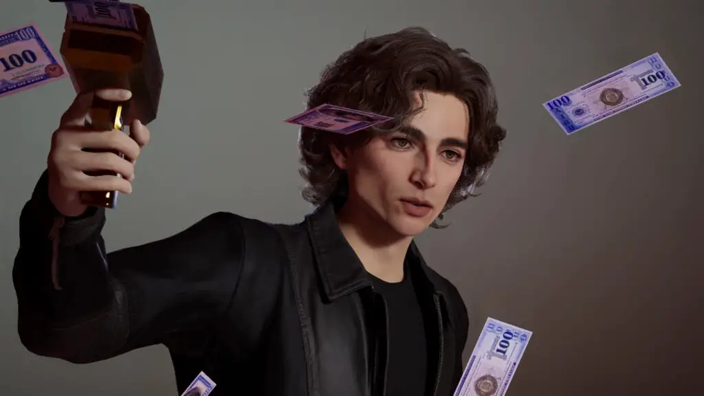 Inzoi - A Zoi made to look like Timothée Chalamet holding a money gun and surrounded by falling money