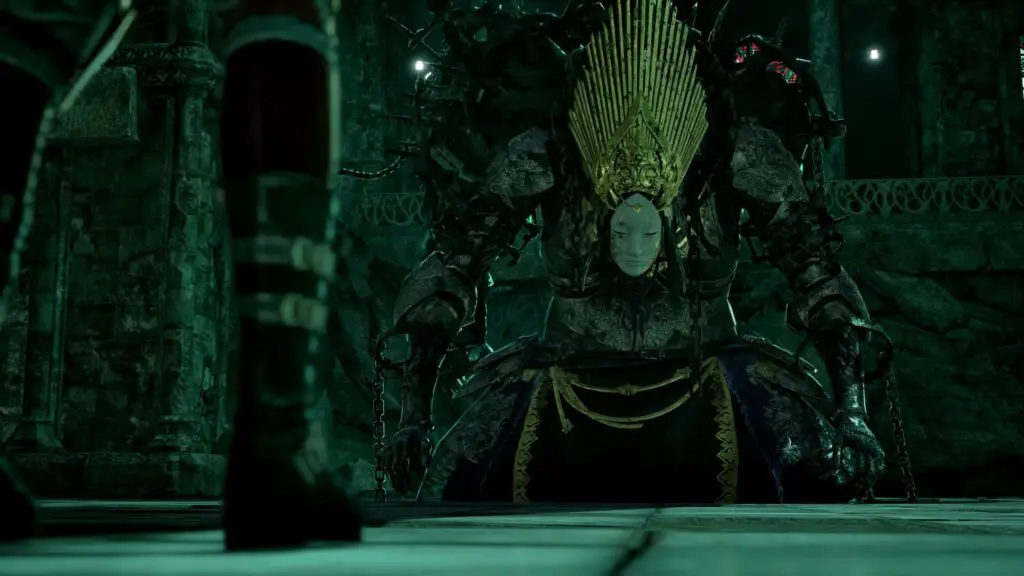 Code Vein 2 Josee: Josee the Blind Hero on her knees, with the player's feet just in frame on the left.