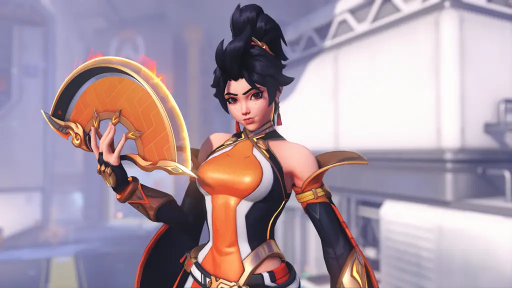 Overwatch Anran: Key art showing Anran looking towards the camera while holding a flaming fan in her right hand.
