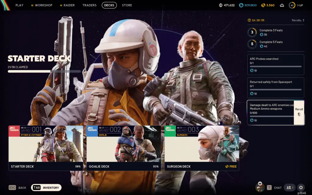 Arc Raiders: The raider deck menu, with the player selecting the option to reroll Feats on the right side on the screen.