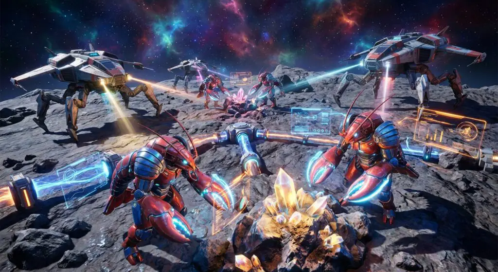 An AI-generated image of an AI-generated space game, which features a crustacean theme.