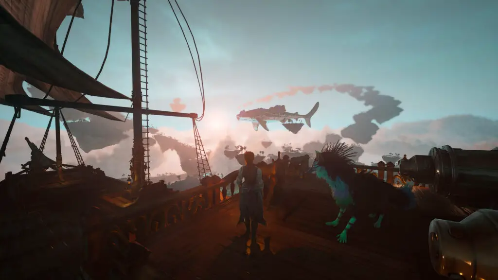 A player pilots rides an airship with one of their guardians in Guardians of the Wild Sky.